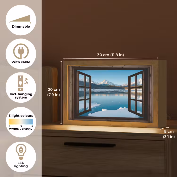 Doorkijk - Winterlandschap - Meer - Bergen - Uitzicht Light Box met kabel (Tafellamp) klein -USP_EN