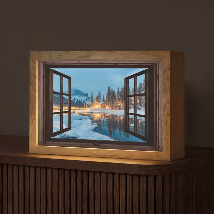 Doorkijk - Winter - Landschap - Natuur - Huis - Bergen Light Box met kabel (Tafellamp) klein -z3d_website