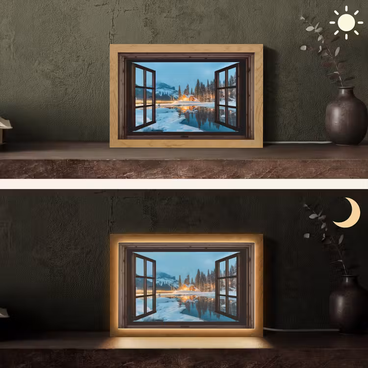 Doorkijk - Winter - Landschap - Natuur - Huis - Bergen Light Box met kabel (Tafellamp) klein -sfeer3