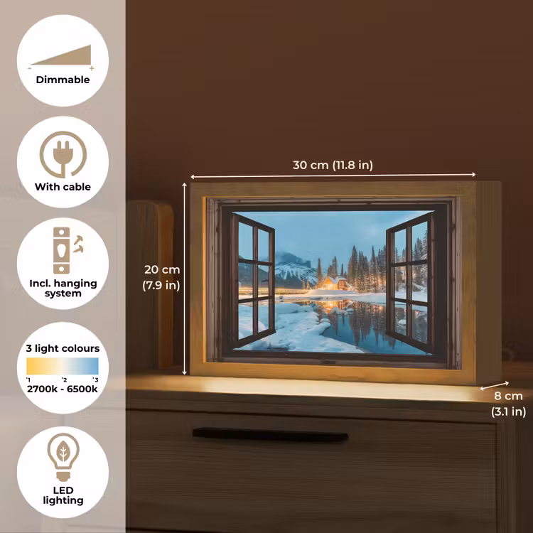 Doorkijk - Winter - Landschap - Natuur - Huis - Bergen Light Box met kabel (Tafellamp) klein -USP_EN