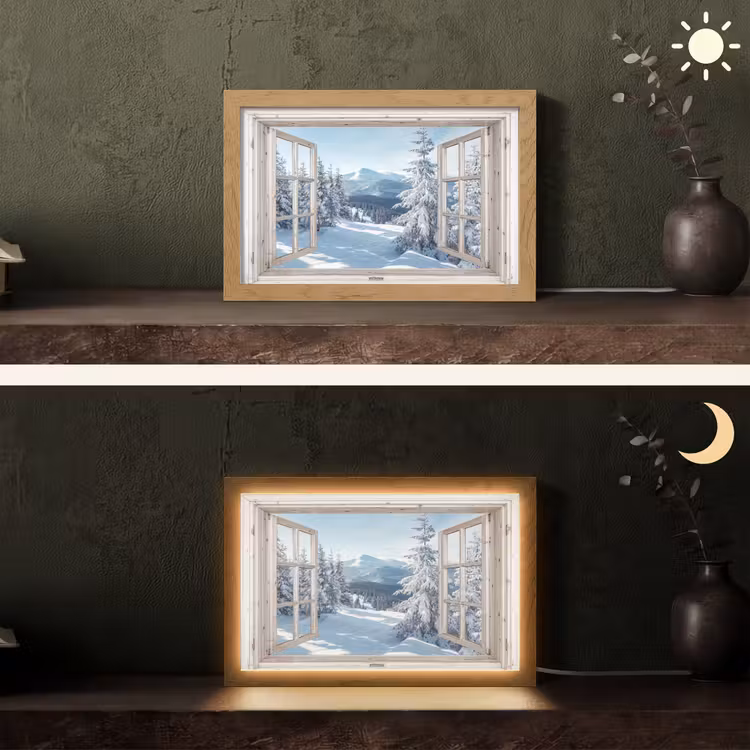 Doorkijk - Winter - Landschap - Natuur - Berg - Bomen - Wit Light Box met kabel (Tafellamp) klein -sfeer3