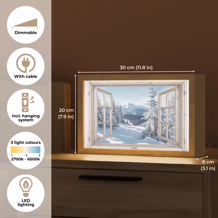 Doorkijk - Winter - Landschap - Natuur - Berg - Bomen - Wit Light Box met kabel (Tafellamp) klein -USP_EN
