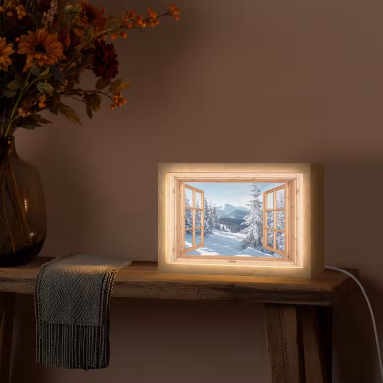 Doorkijk - Winterlandschap - Natuur - Berg - Bomen - Hout Light Box met kabel (Tafellamp) klein -sfeer4