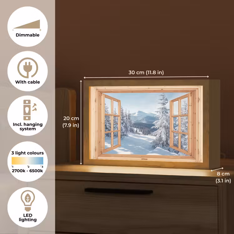 Doorkijk - Winterlandschap - Natuur - Berg - Bomen - Hout Light Box met kabel (Tafellamp) klein -USP_EN