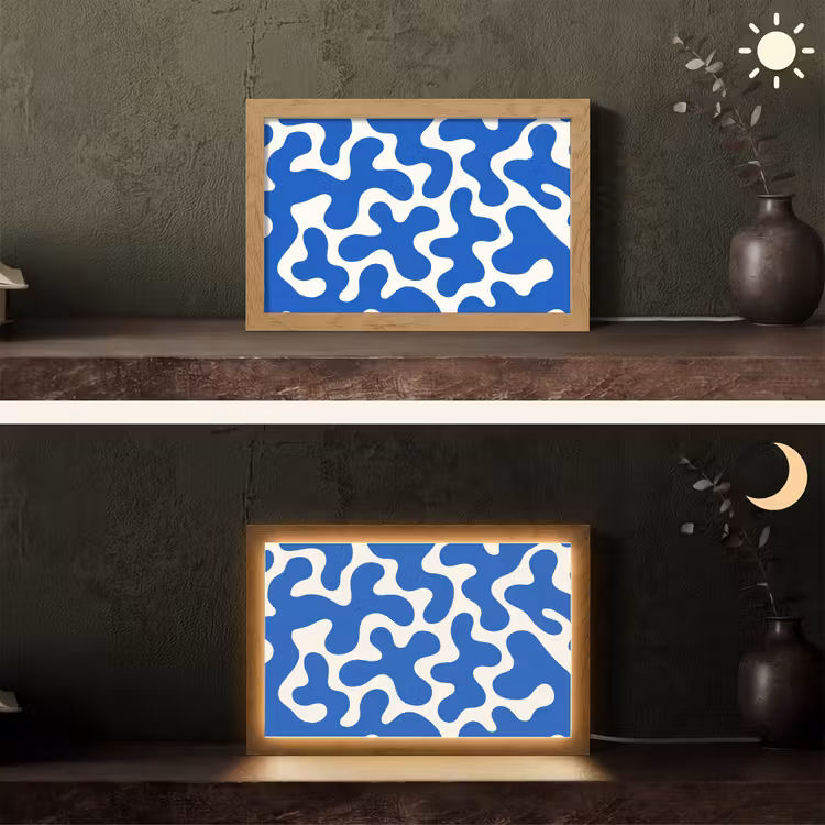 Vormen - Abstract - Blauw - Golven Light Box met kabel (Tafellamp) klein -sfeer3