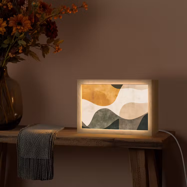 Vormen - Okergeel - Abstract Light Box met kabel (Tafellamp) klein -sfeer4