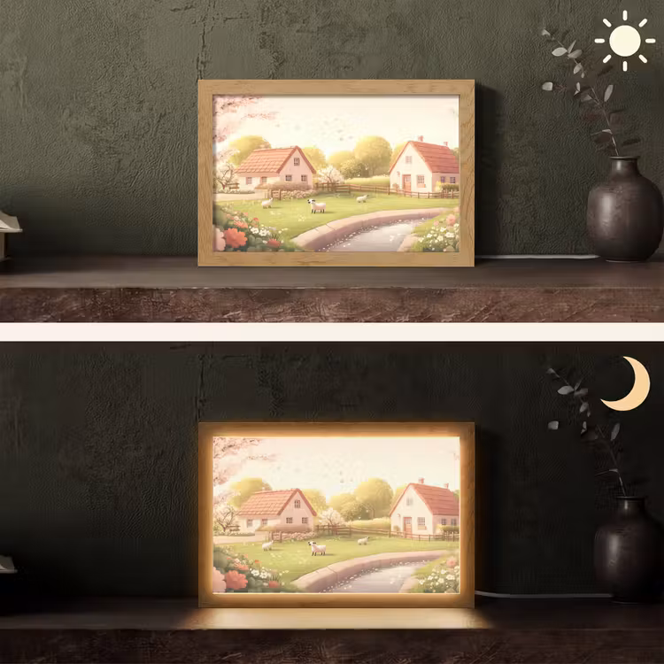 Schapen - Huisje - Platteland Light Box met kabel (Tafellamp) klein -sfeer3
