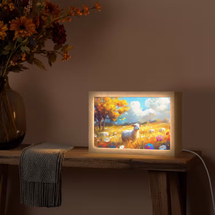 Schaap - Weide - Bloemen Light Box met kabel (Tafellamp) klein -sfeer4