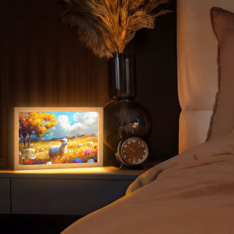 Schaap - Weide - Bloemen Light Box met kabel (Tafellamp) klein -sfeer1