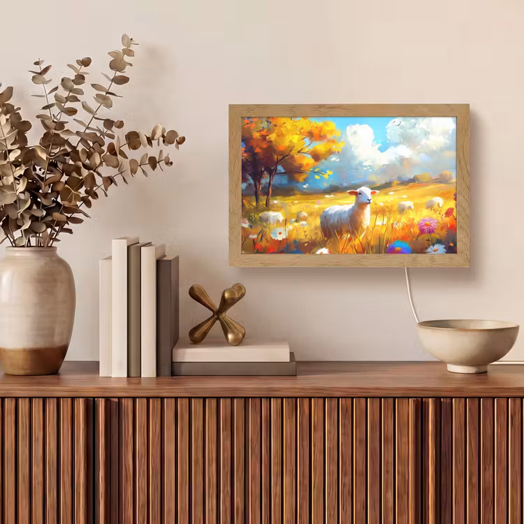 Schaap - Weide - Bloemen Light Box met kabel (Tafellamp) klein -sfeer2