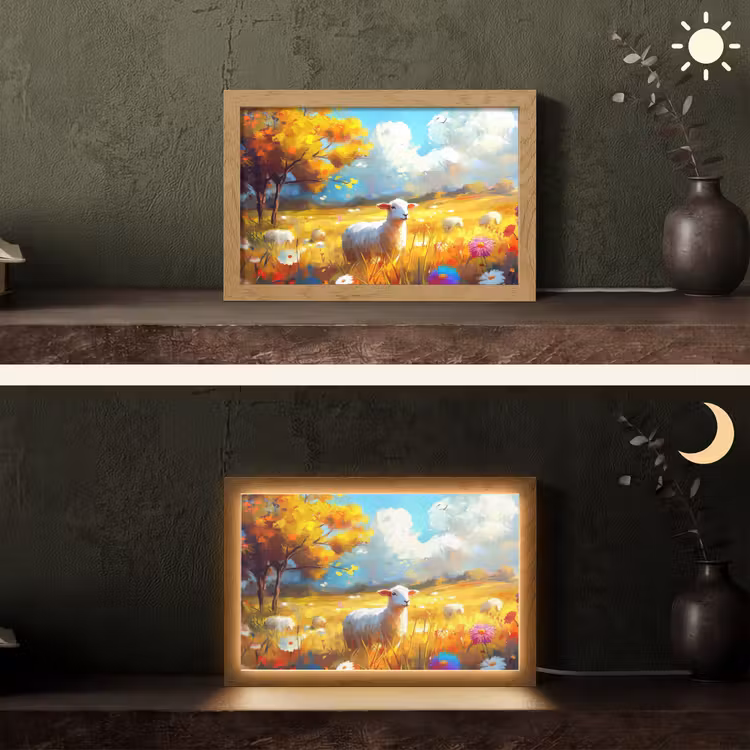 Schaap - Weide - Bloemen Light Box met kabel (Tafellamp) klein -sfeer3