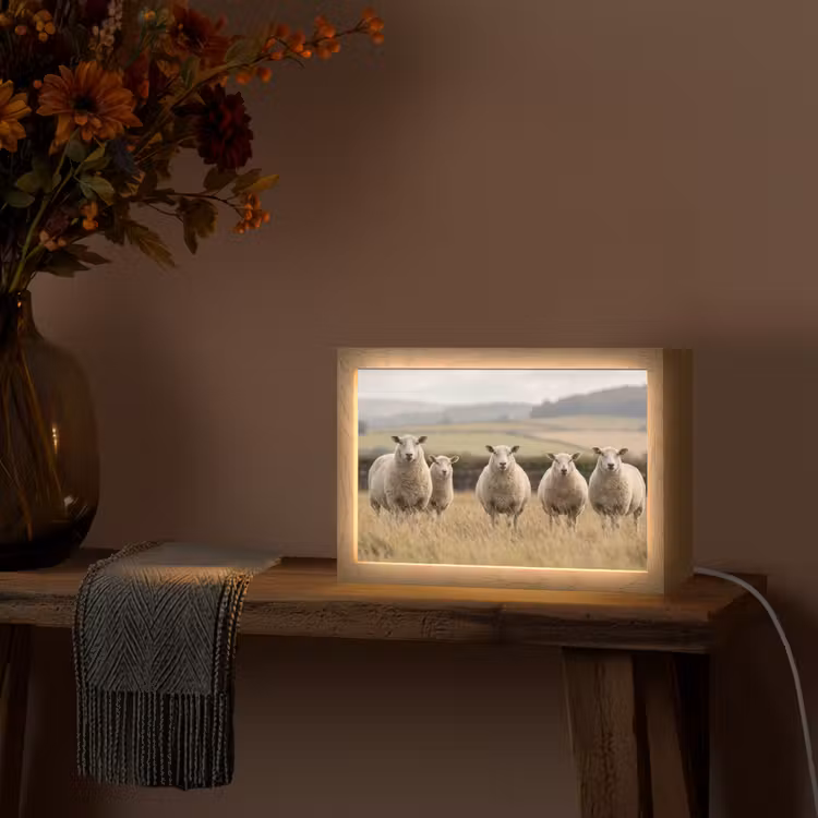 Schapen - Weidenlandschap - Heuvels Light Box met kabel (Tafellamp) klein -sfeer4
