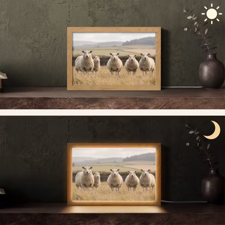Schapen - Weidenlandschap - Heuvels Light Box met kabel (Tafellamp) klein -sfeer3