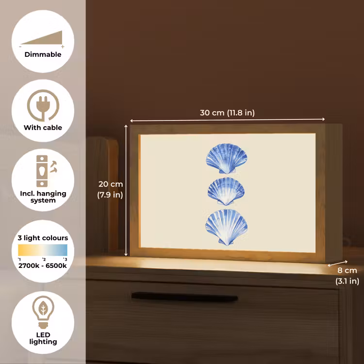 Schelpen - Blauw - Beige Light Box met kabel (Tafellamp) klein -USP_EN