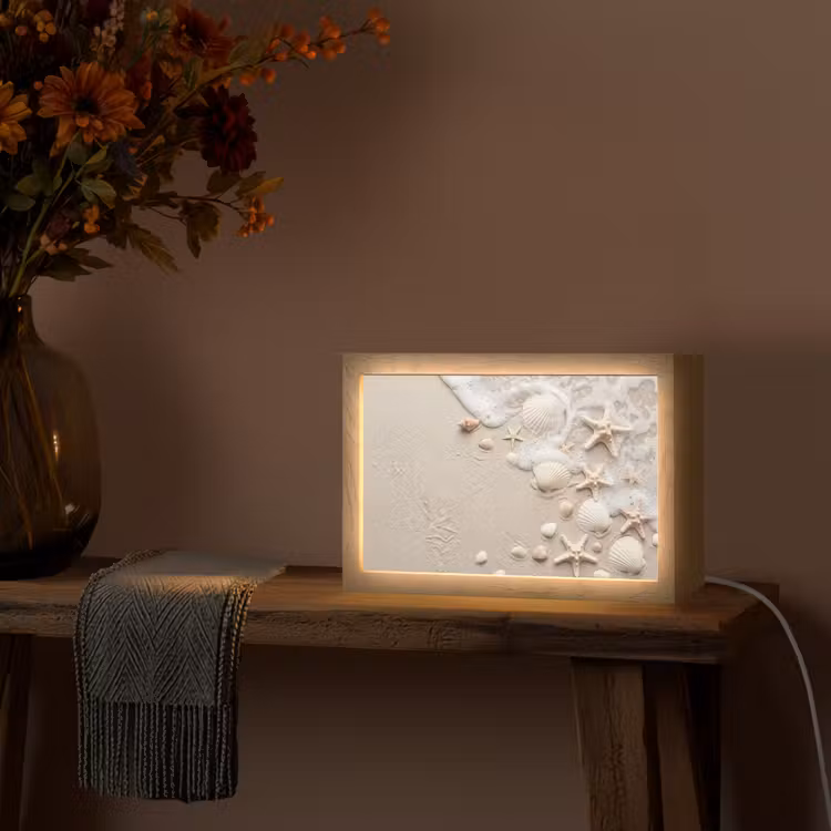 Schelpen - Zeesterren - Strand Light Box met kabel (Tafellamp) klein -sfeer4