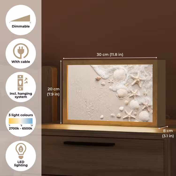 Schelpen - Zeesterren - Strand Light Box met kabel (Tafellamp) klein -USP_EN