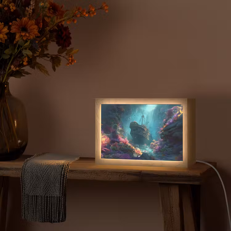 Schip - Hout - Koraalriffen - Zonlicht Light Box met kabel (Tafellamp) klein -sfeer4