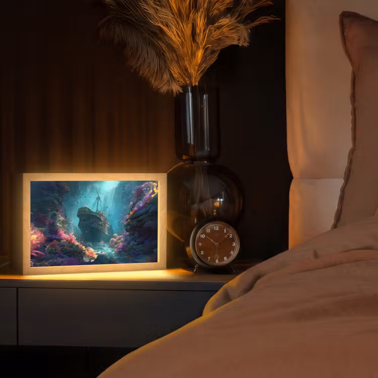 Schip - Hout - Koraalriffen - Zonlicht Light Box met kabel (Tafellamp) klein -sfeer1