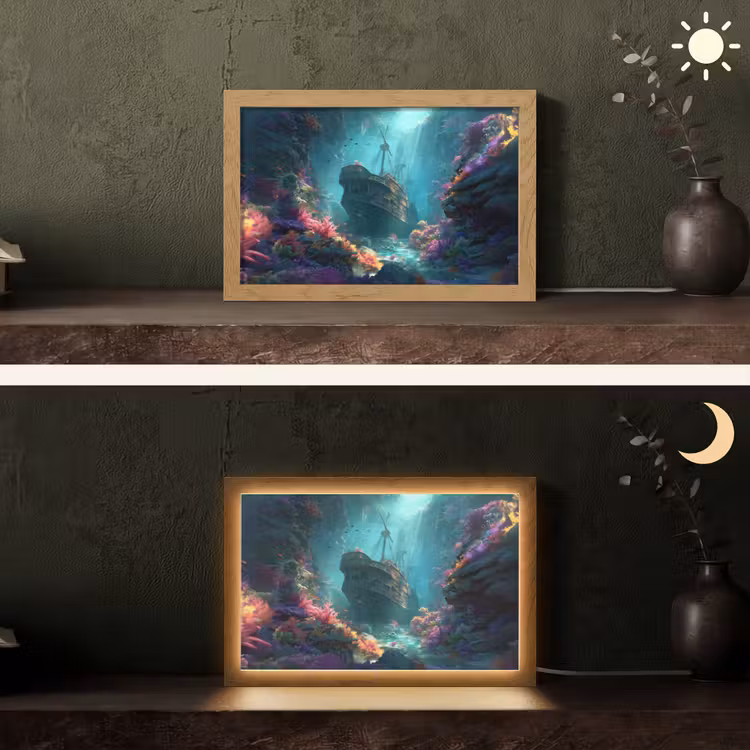 Schip - Hout - Koraalriffen - Zonlicht Light Box met kabel (Tafellamp) klein -sfeer3