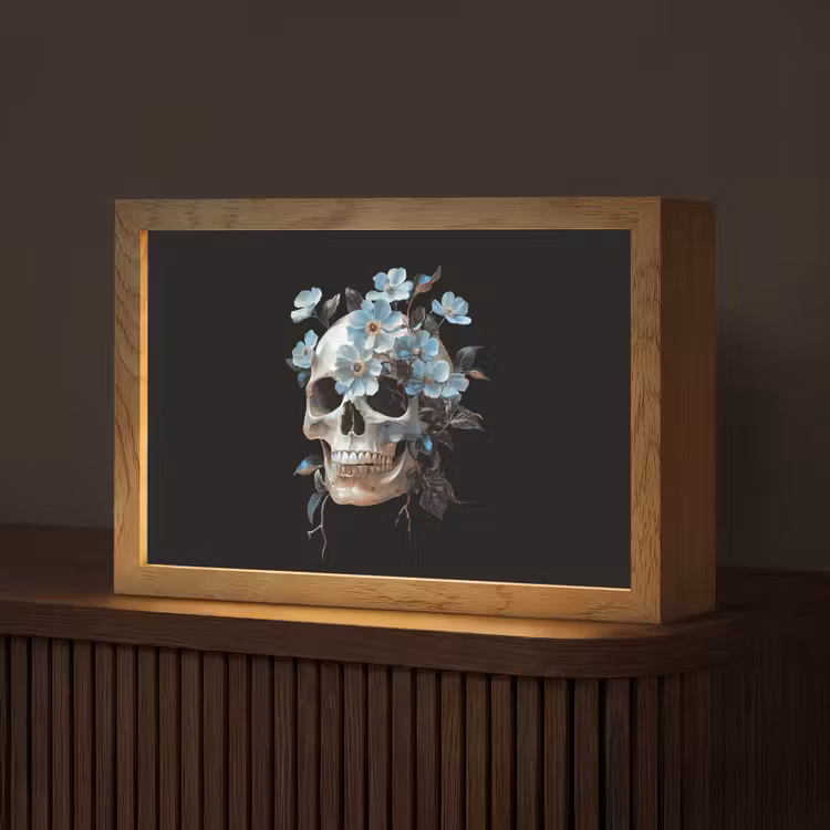 Schedel - Blauw - Bloemen - Bladeren Light Box met kabel (Tafellamp) klein -z3d_website