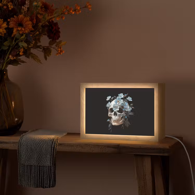 Schedel - Blauw - Bloemen - Bladeren Light Box met kabel (Tafellamp) klein -sfeer4