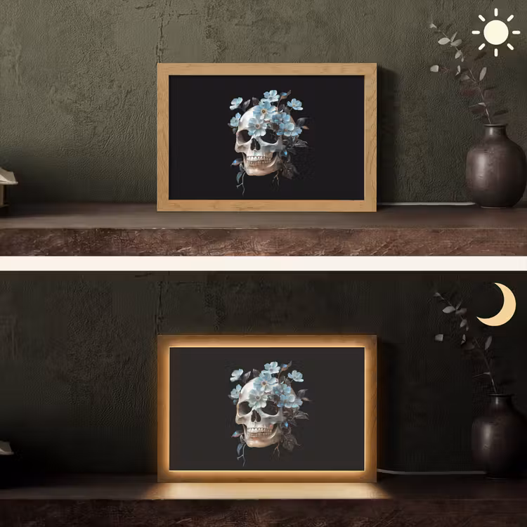 Schedel - Blauw - Bloemen - Bladeren Light Box met kabel (Tafellamp) klein -sfeer3