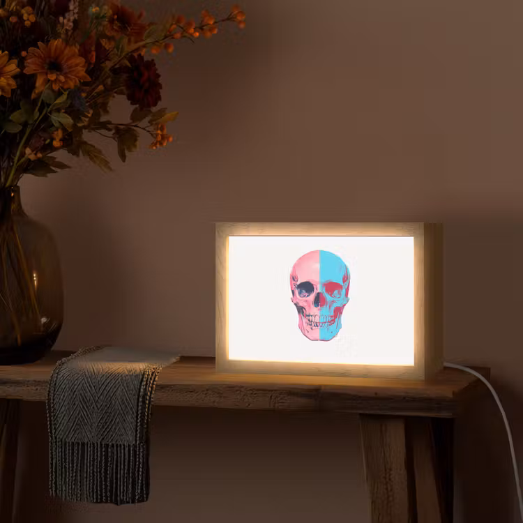 Schedel - Grafisch - Roze - Verdeeld Light Box met kabel (Tafellamp) klein -sfeer4