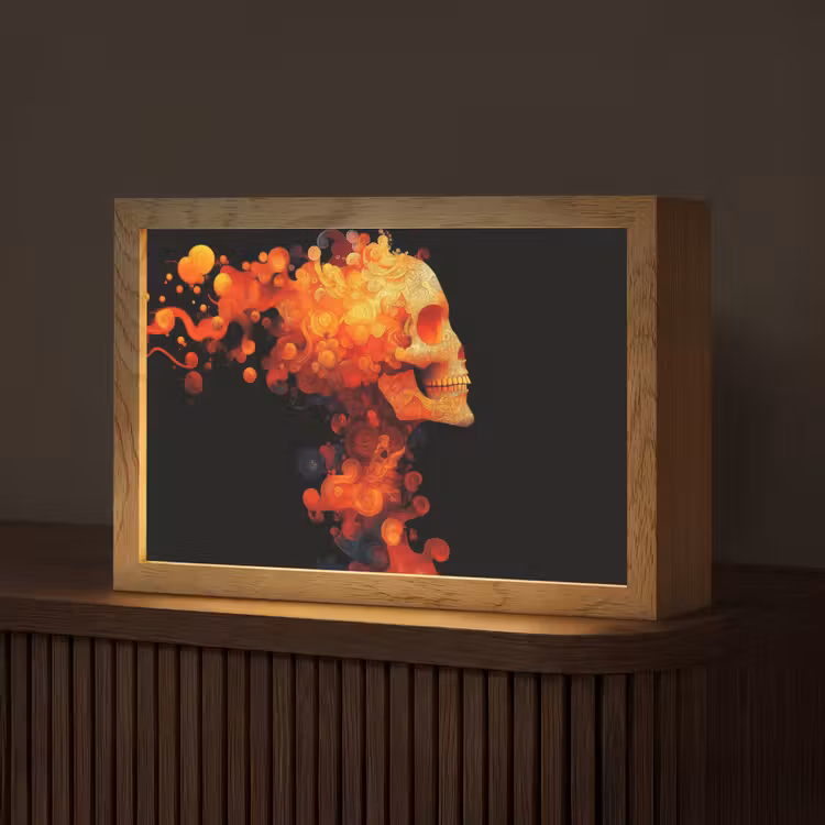 Schedel - Oranje - Zijaanzicht - Vlammen Light Box met kabel (Tafellamp) klein -z3d_website