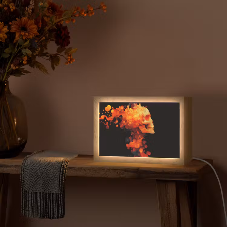 Schedel - Oranje - Zijaanzicht - Vlammen Light Box met kabel (Tafellamp) klein -sfeer4