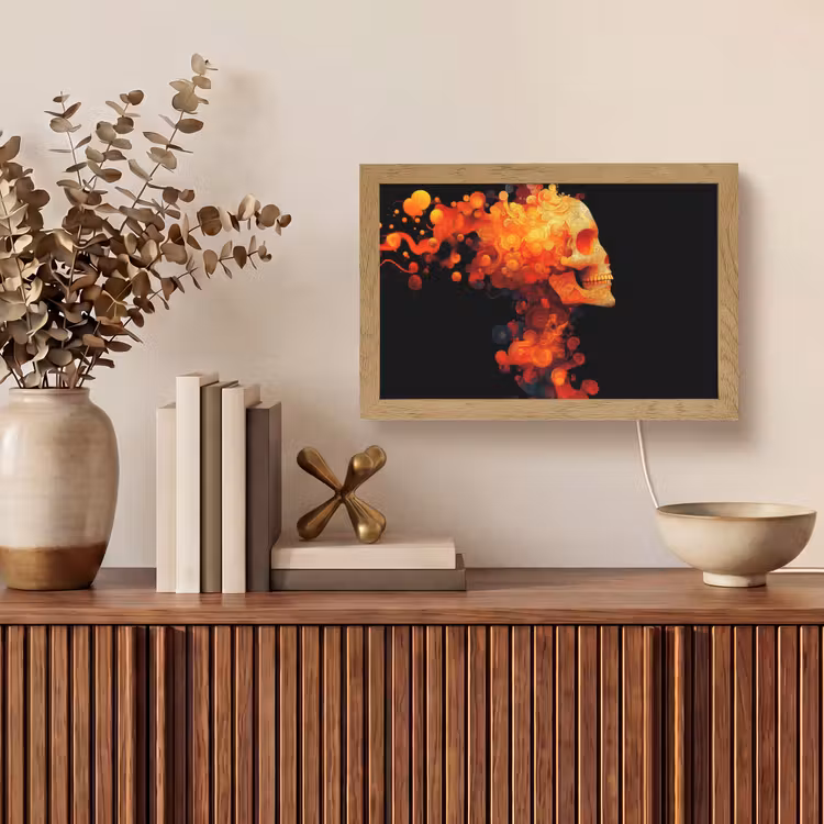 Schedel - Oranje - Zijaanzicht - Vlammen Light Box met kabel (Tafellamp) klein -sfeer2