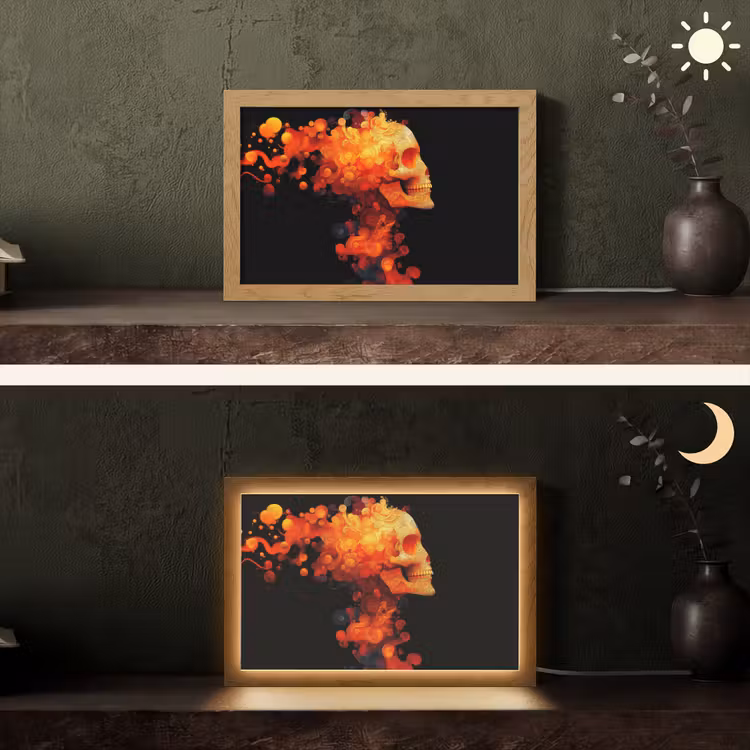 Schedel - Oranje - Zijaanzicht - Vlammen Light Box met kabel (Tafellamp) klein -sfeer3