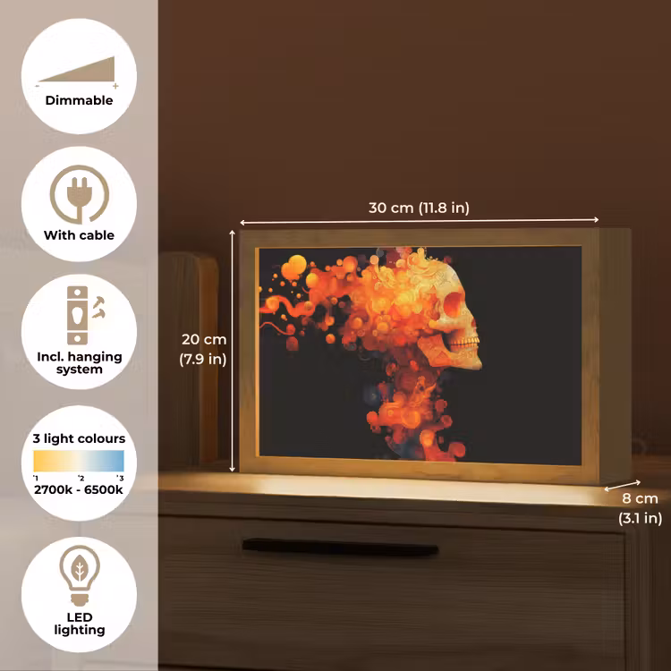 Schedel - Oranje - Zijaanzicht - Vlammen Light Box met kabel (Tafellamp) klein -USP_EN