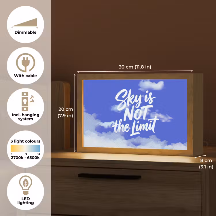 Sky is not the limit - Blauwe lucht - Wolken Light Box met kabel (Tafellamp) klein -USP_EN