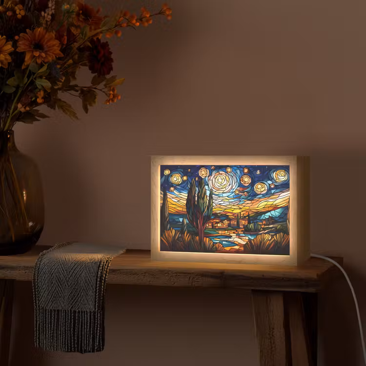 Hemel - Sterren - Mozaïek - Huizen Light Box met kabel (Tafellamp) klein -sfeer4