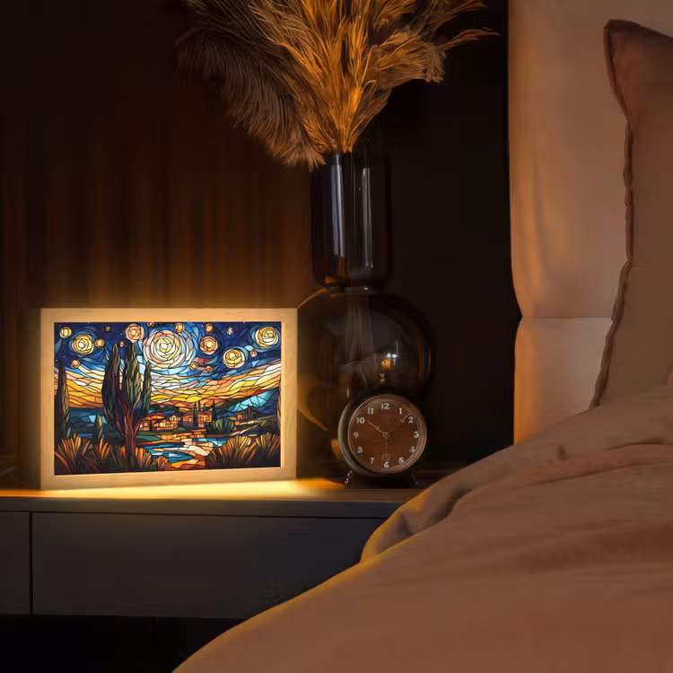 Hemel - Sterren - Mozaïek - Huizen Light Box met kabel (Tafellamp) klein -sfeer1
