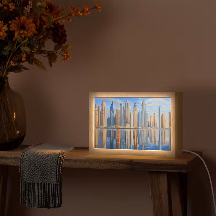 Skyline - Wolkenkrabbers - Water - Blauw Light Box met kabel (Tafellamp) klein -sfeer4