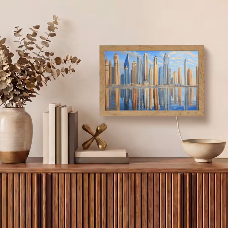 Skyline - Wolkenkrabbers - Water - Blauw Light Box met kabel (Tafellamp) klein -sfeer2
