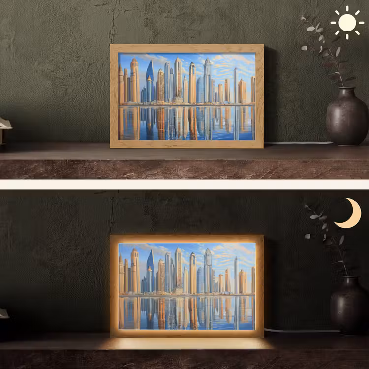 Skyline - Wolkenkrabbers - Water - Blauw Light Box met kabel (Tafellamp) klein -sfeer3
