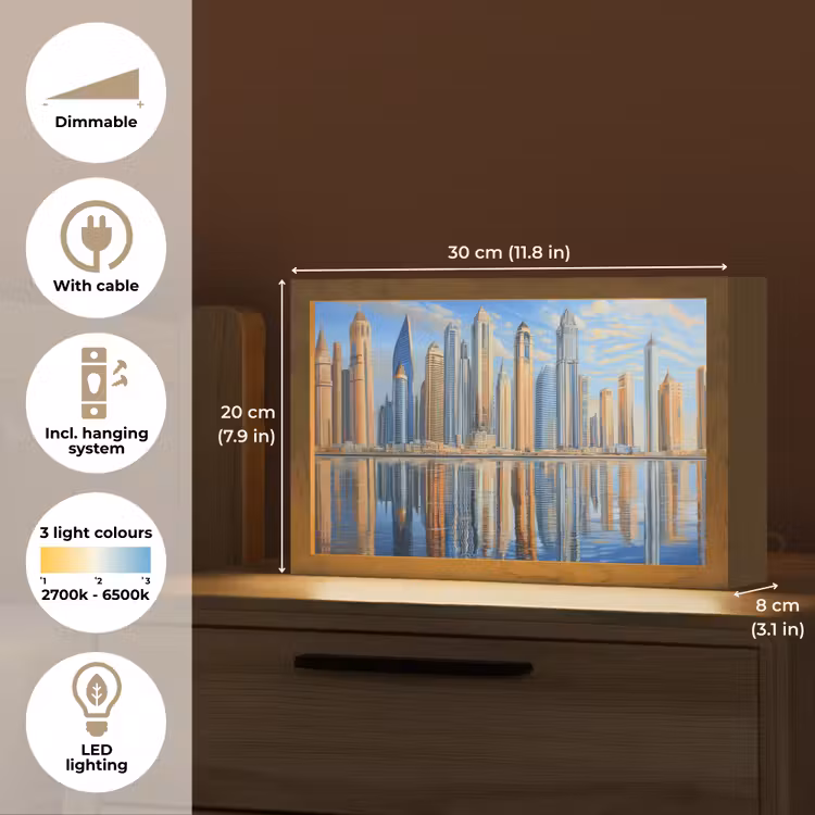 Skyline - Wolkenkrabbers - Water - Blauw Light Box met kabel (Tafellamp) klein -USP_EN