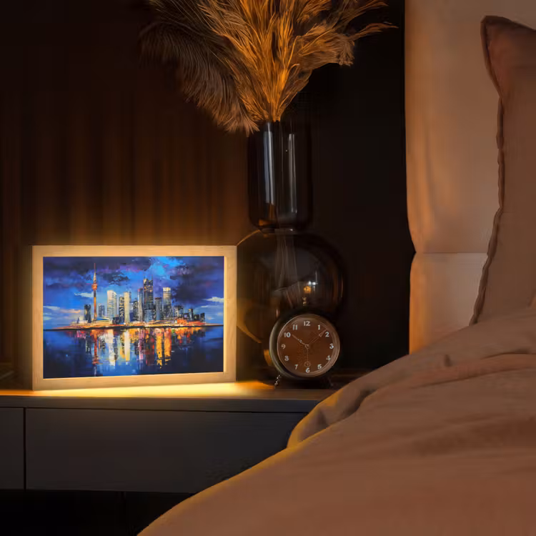 Skyline Toronto - Modern - Stadslicht - Blauw Light Box met kabel (Tafellamp) klein -sfeer1