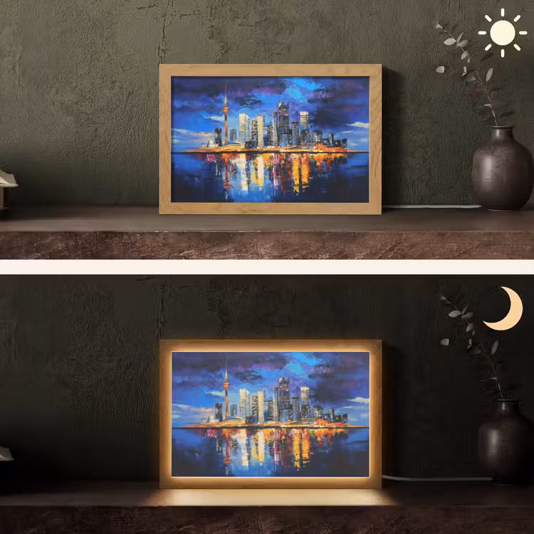 Skyline Toronto - Modern - Stadslicht - Blauw Light Box met kabel (Tafellamp) klein -sfeer3