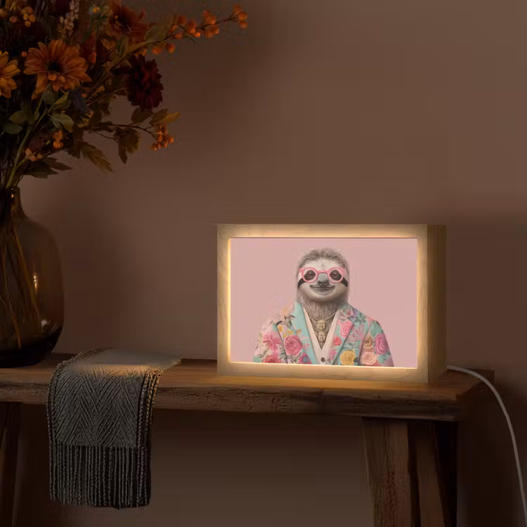 Luiaard - Bloemenprint - Bril - Roze Light Box met kabel (Tafellamp) klein -sfeer4