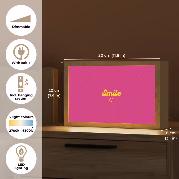 Smile - Stippen - Geel - Smiley - Roze Light Box met kabel (Tafellamp) klein -USP_EN