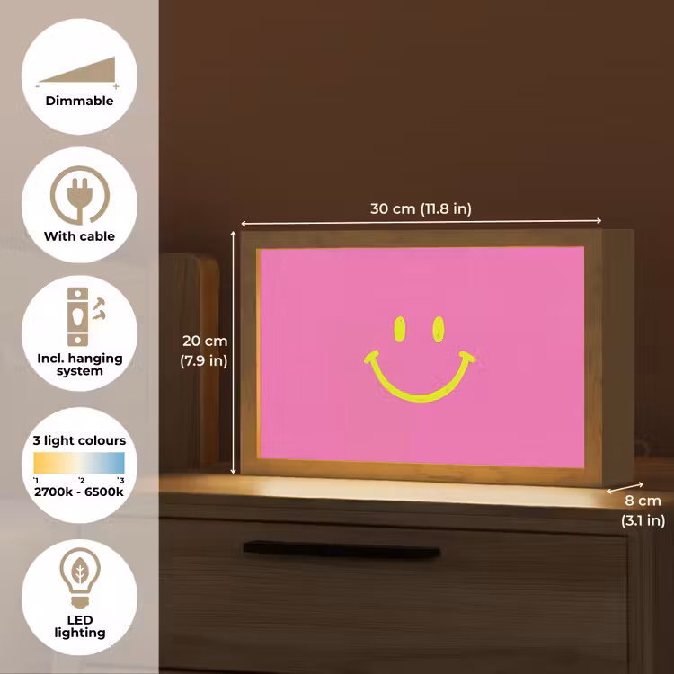 Smiley - Vrolijk - Roze Light Box met kabel (Tafellamp) klein -USP_EN