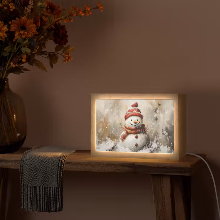 Sneeuwpop - Winter - Sneeuw - Beige Light Box met kabel (Tafellamp) klein -sfeer4