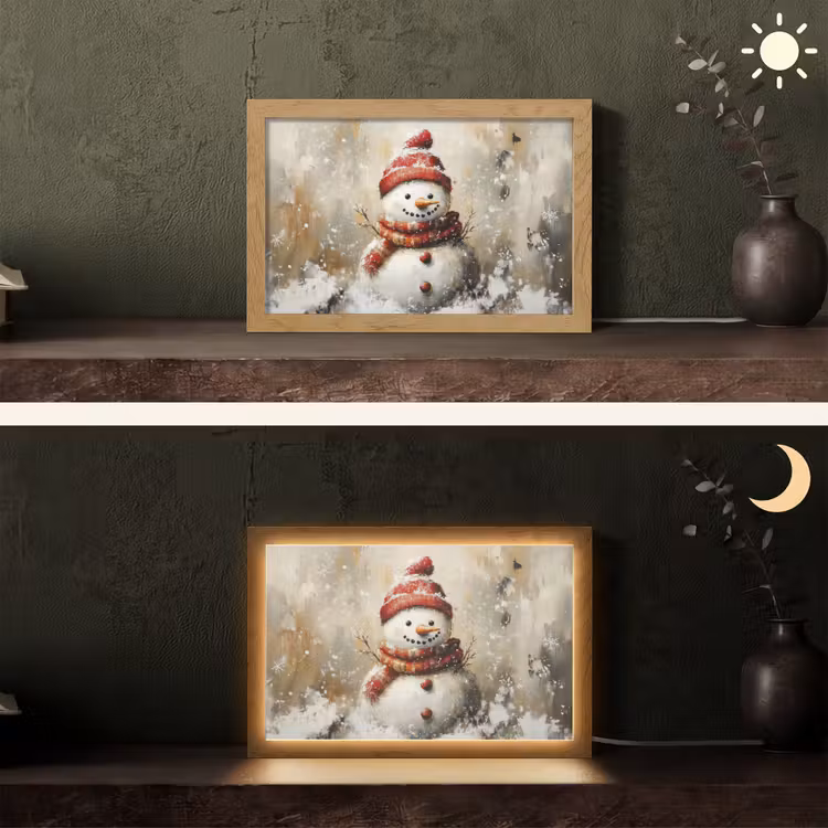 Sneeuwpop - Winter - Sneeuw - Beige Light Box met kabel (Tafellamp) klein -sfeer3