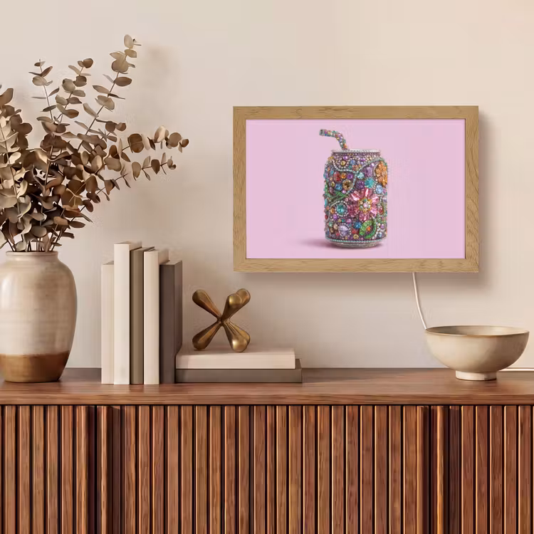 Frisdrankblikje - Bloemenpatroon - Edelstenen - Kleurrijk Light Box met kabel (Tafellamp) klein -sfeer2