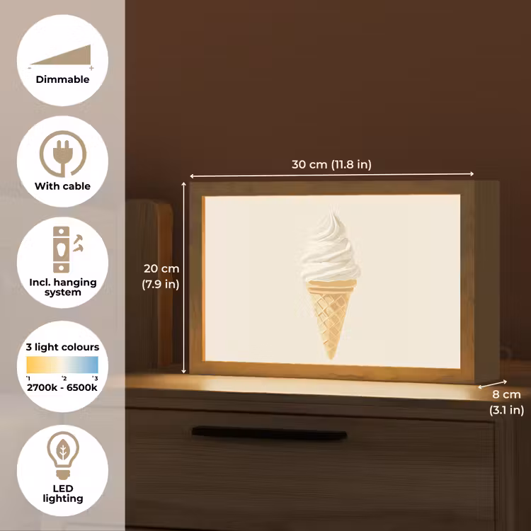 Softijs - Hoorntje - Wit Light Box met kabel (Tafellamp) klein -USP_EN