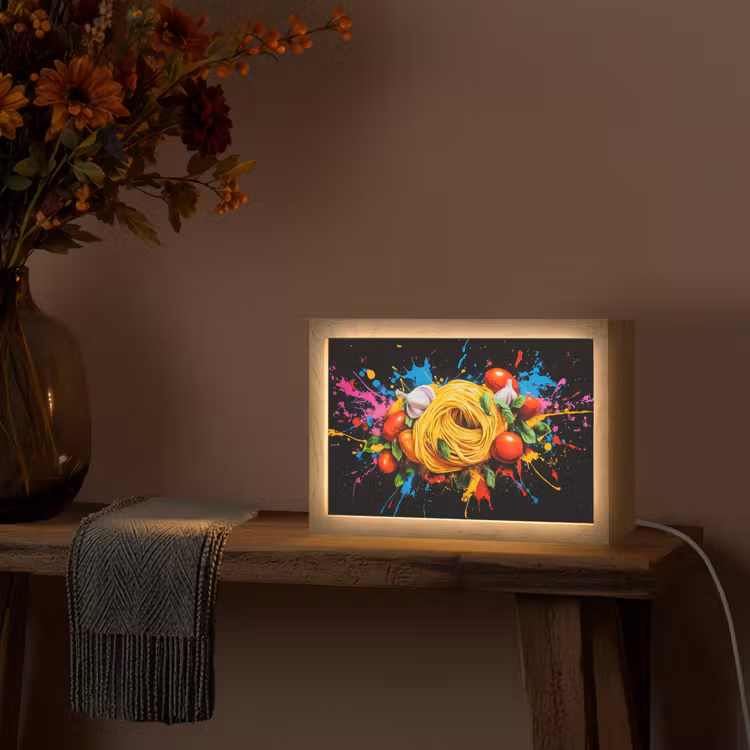 Spaghetti - Graffiti - Verf - Kleurrijk - Eten - Modern Light Box met kabel (Tafellamp) klein -sfeer4