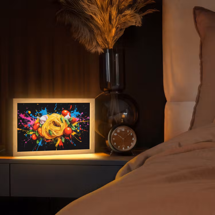 Spaghetti - Graffiti - Verf - Kleurrijk - Eten - Modern Light Box met kabel (Tafellamp) klein -sfeer1